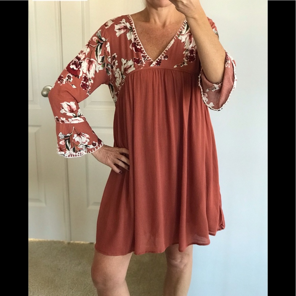 Floral V Neck Bell Sleeve Dress